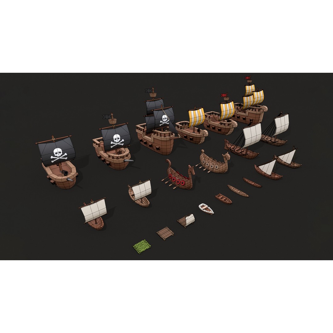 Stylized Ships Pack 3D Model – Low Poly Maritime Vessels, FBX