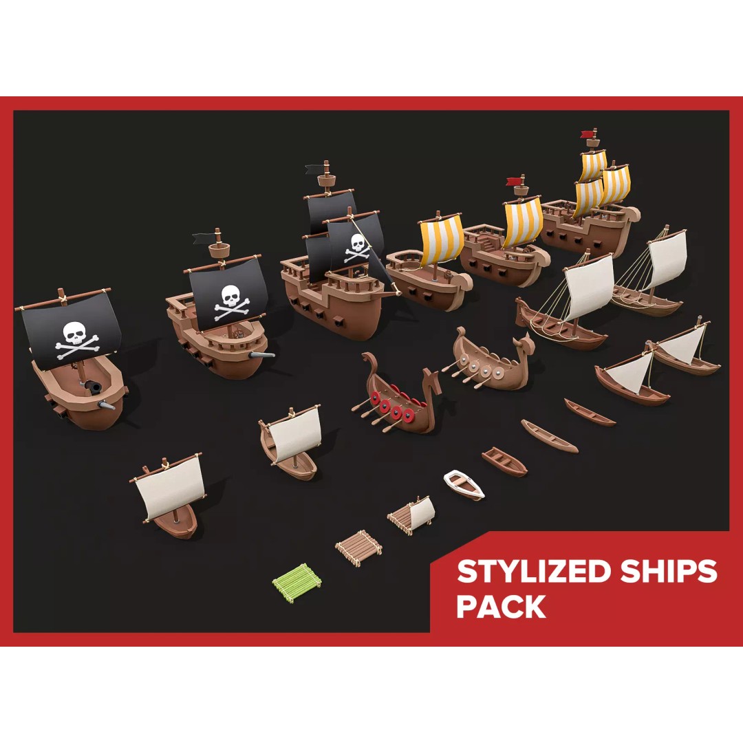 Stylized Ships Pack 3D Model – Low Poly Maritime Vessels, FBX - View 2