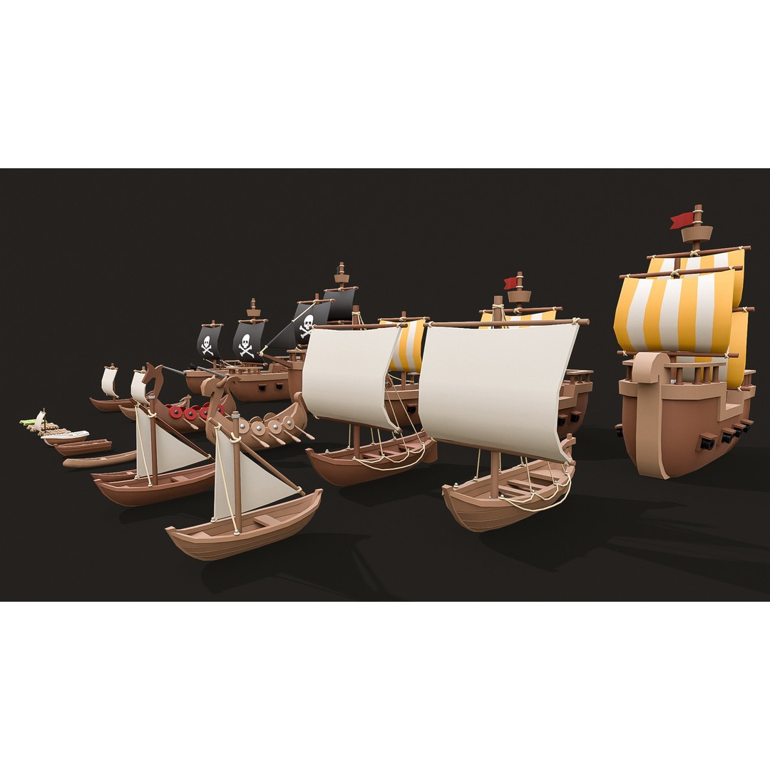 Stylized Ships Pack 3D Model – Low Poly Maritime Vessels, FBX - View 3