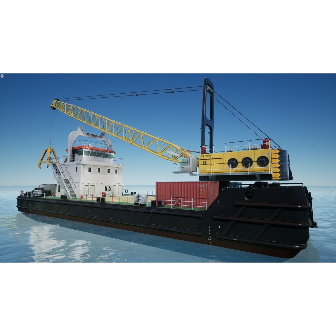 Crane Barge 3D Model – Low Poly Game Asset, FBX and OBJ Formats - View 3