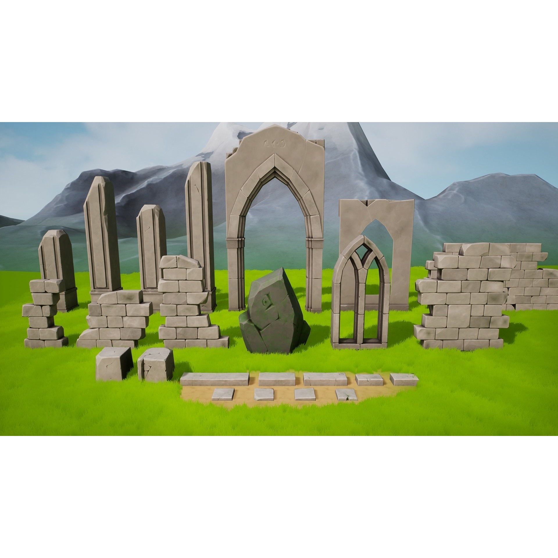Stylized Nature with Ruins - Low-Poly Game-Ready 3D Model