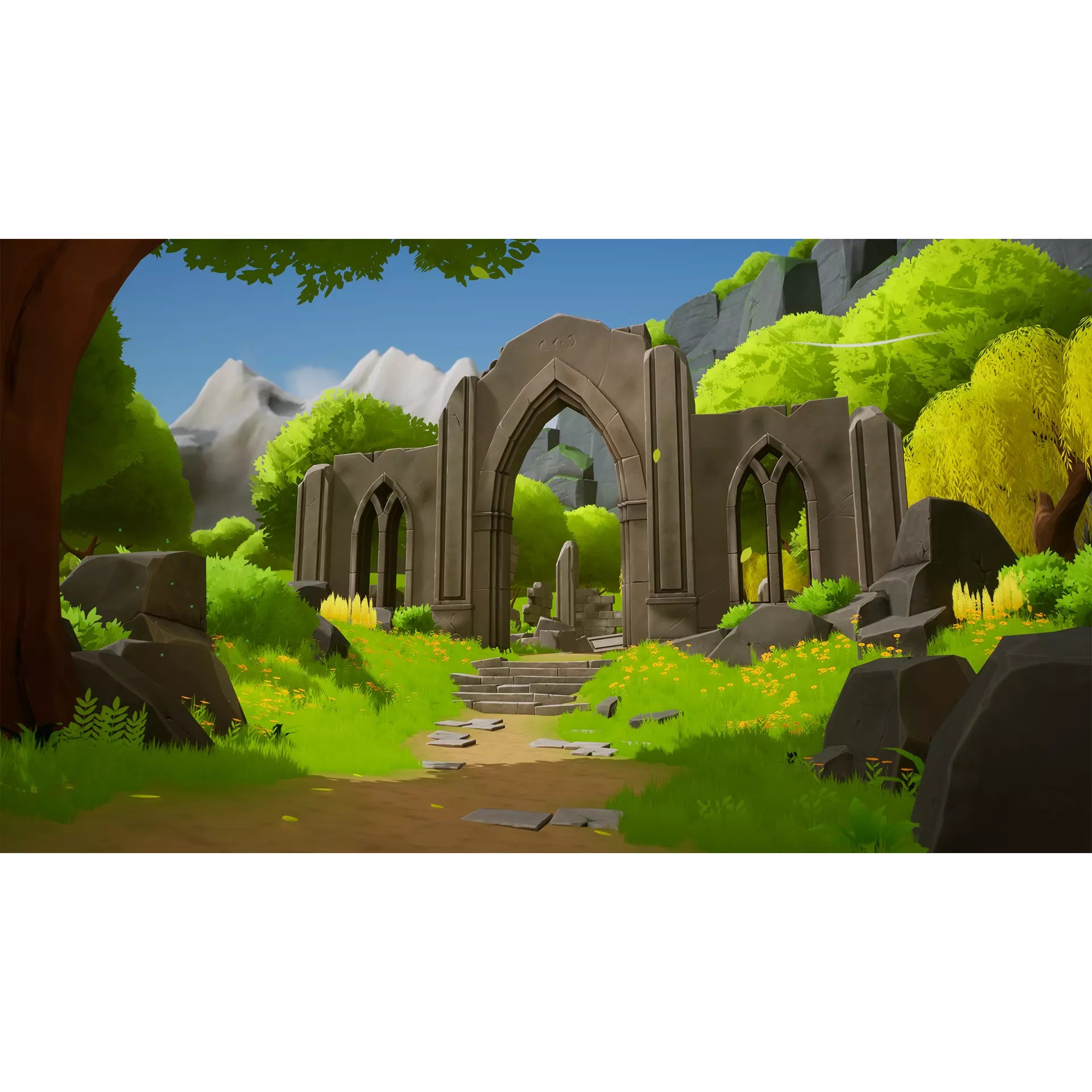 Stylized Nature with Ruins - Low-Poly Game-Ready 3D Model - View 2