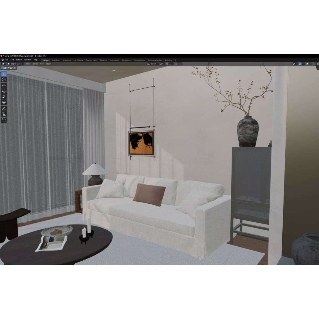 Modern Living Room 3D Model – Japandi Style, PBR Textures, Multiple Formats - View 14