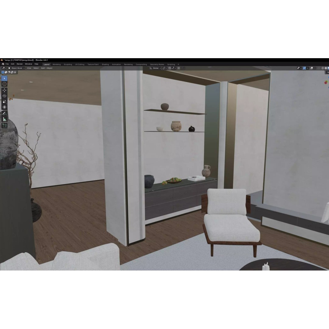 Modern Living Room 3D Model – Japandi Style, PBR Textures, Multiple Formats - View 16