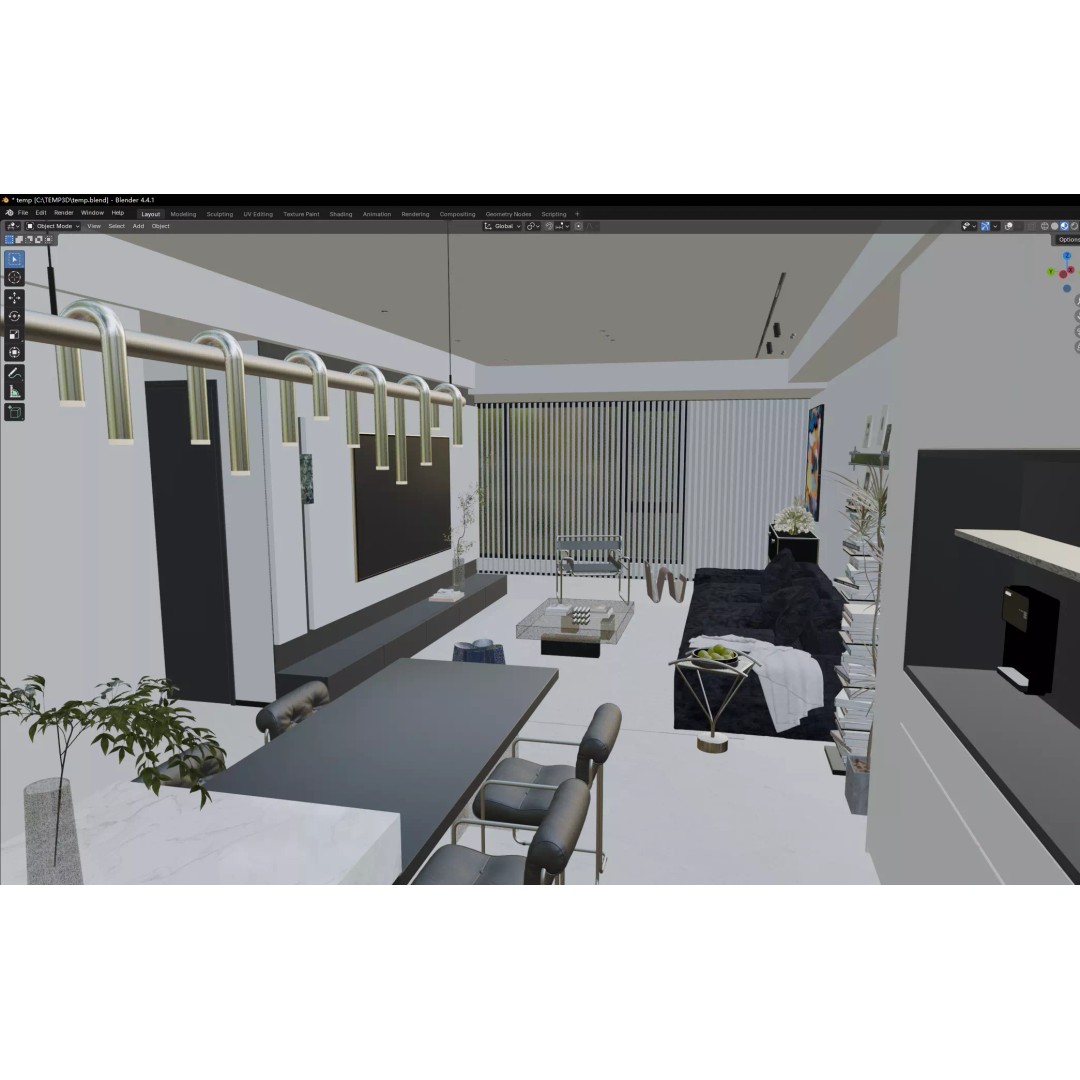 Contemporary Minimal Living Space 3D Model – Open Kitchen, MAX, FBX, OBJ