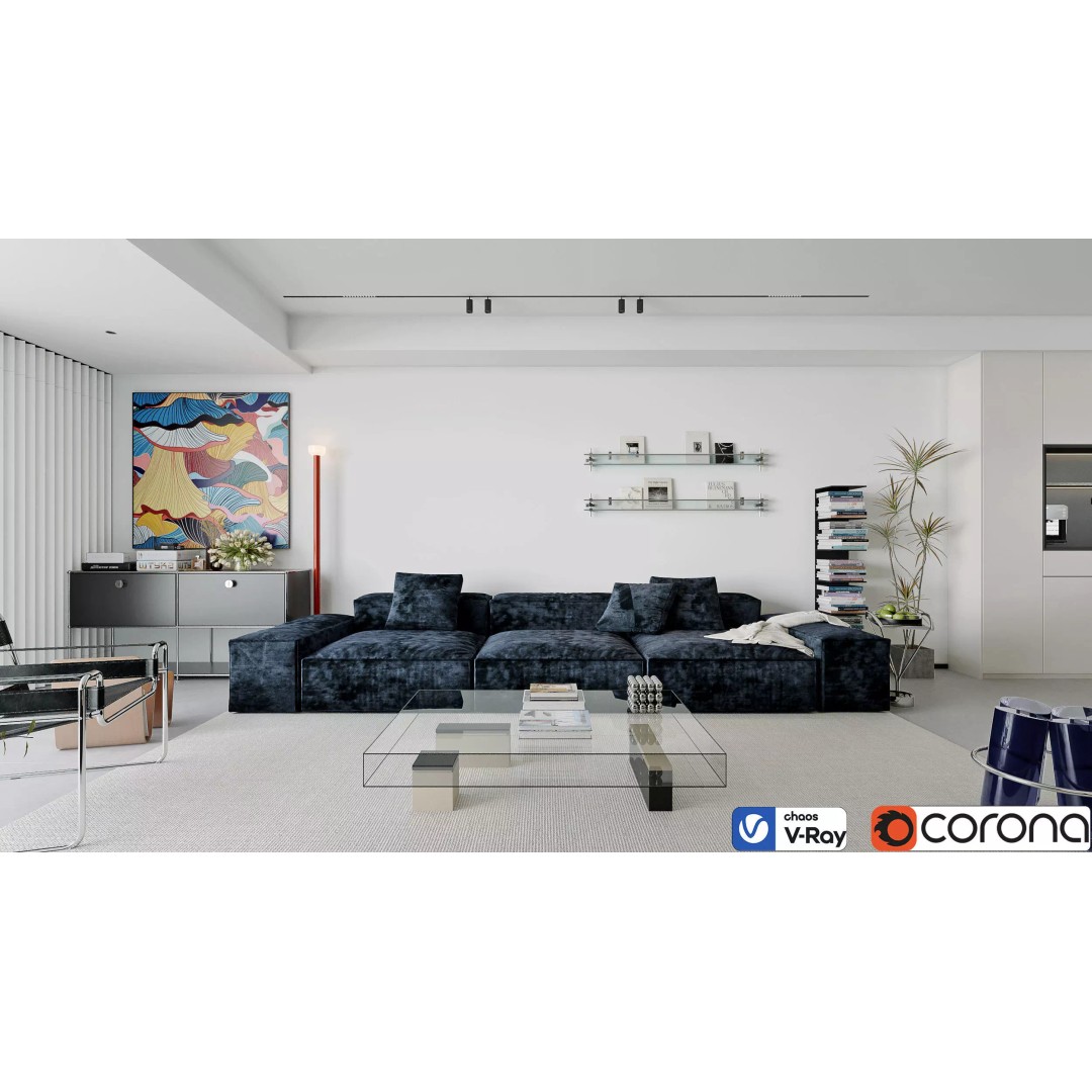 Contemporary Minimal Living Space 3D Model – Open Kitchen, MAX, FBX, OBJ - View 5