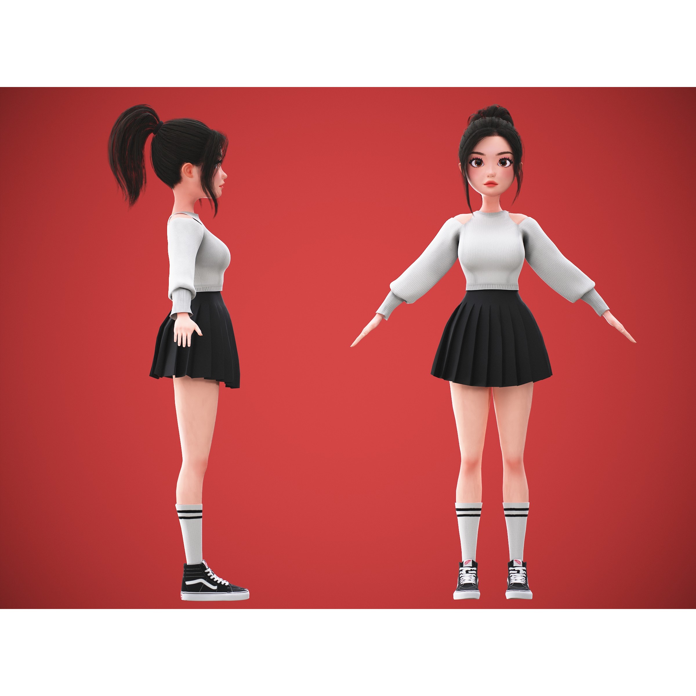 Cartoon Korean Girl Character - Low-Poly Game-Ready 3D Model - View 10