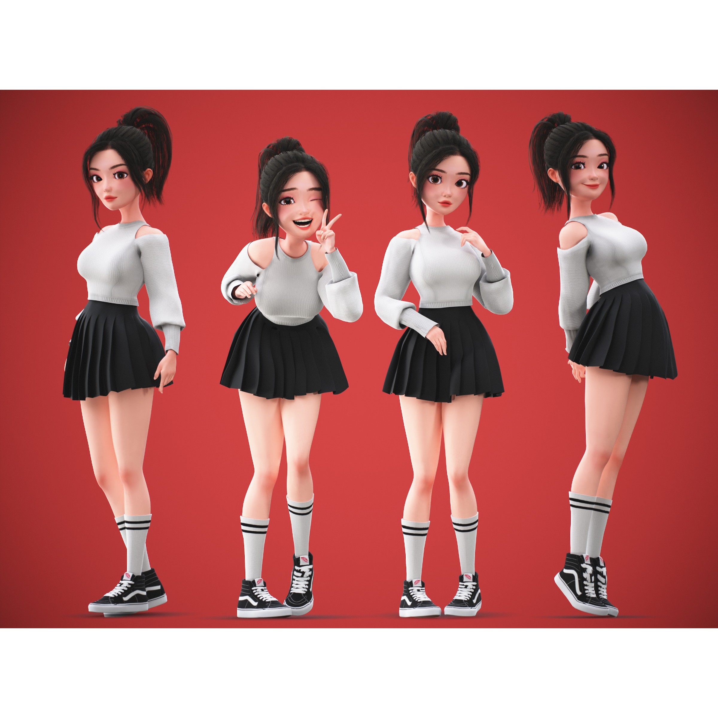 Cartoon Korean Girl Character - Low-Poly Game-Ready 3D Model - View 11