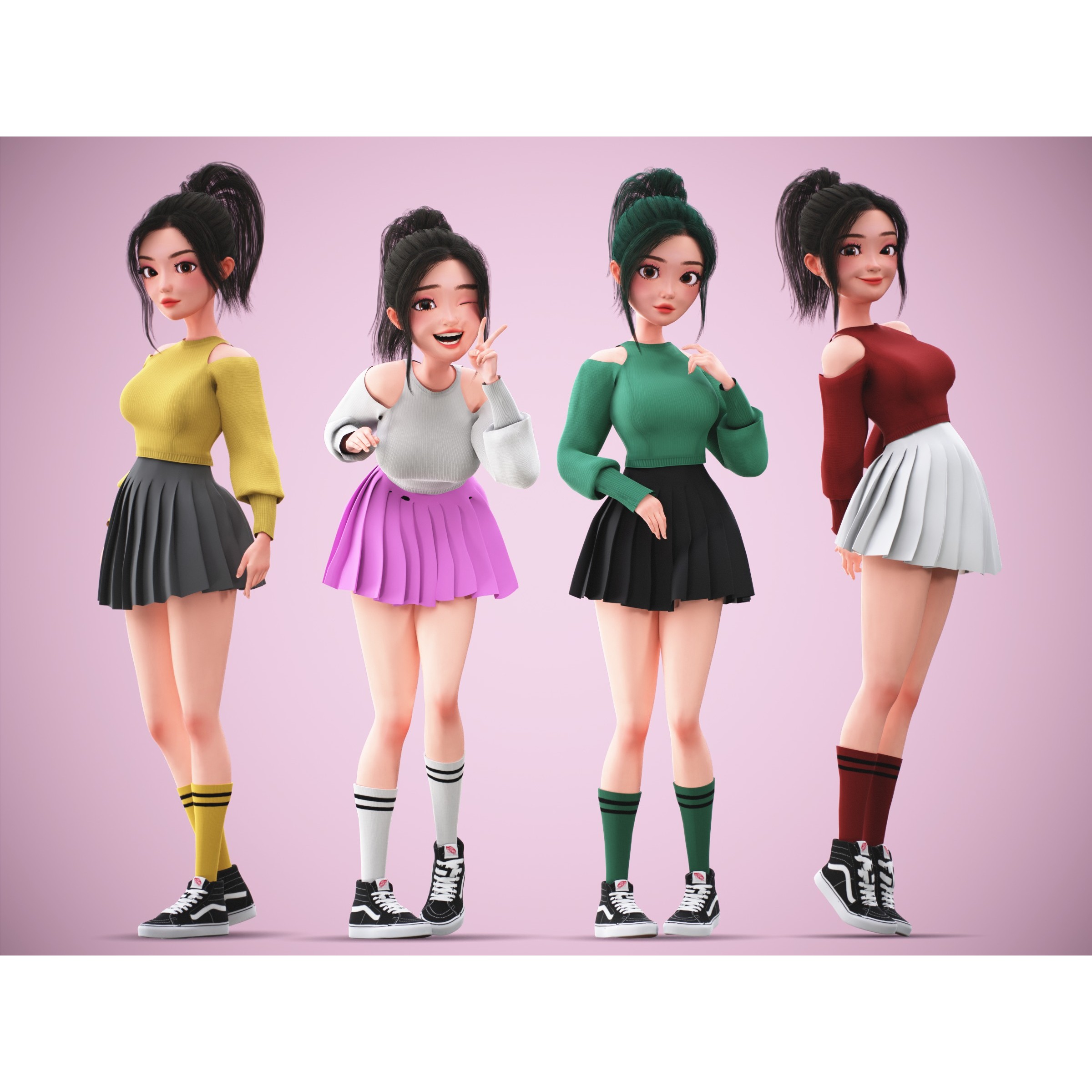 Cartoon Korean Girl Character - Low-Poly Game-Ready 3D Model - View 12