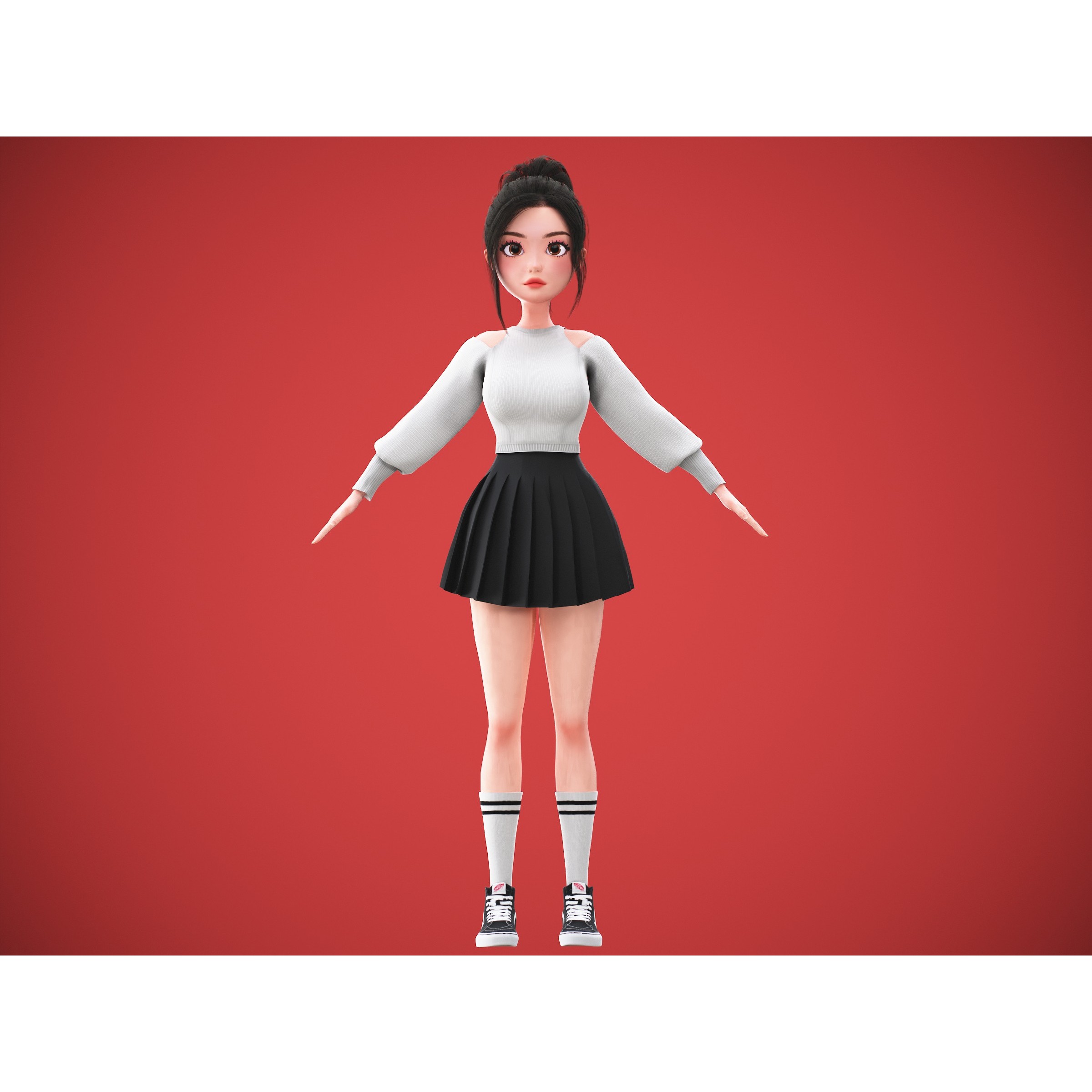 Cartoon Korean Girl Character - Low-Poly Game-Ready 3D Model - View 15