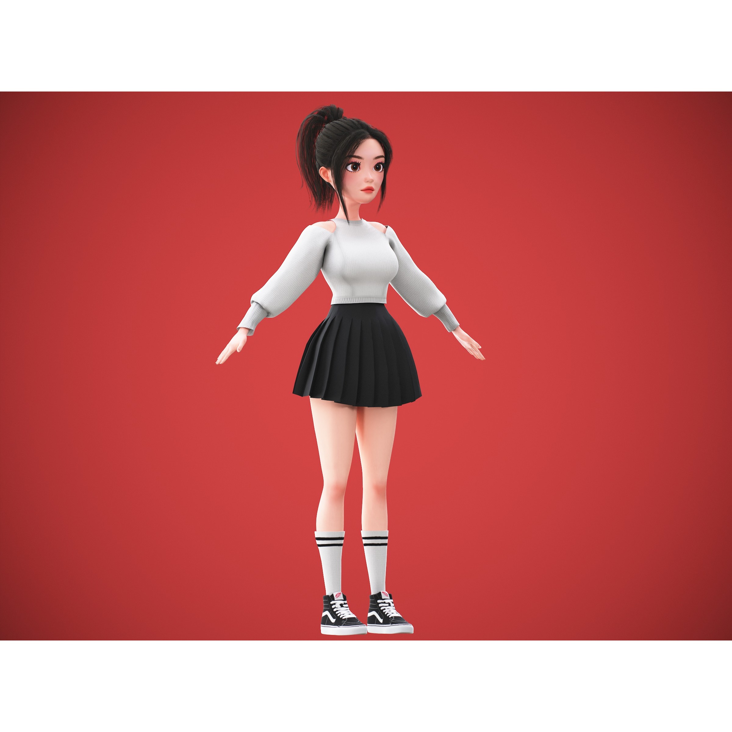 Cartoon Korean Girl Character - Low-Poly Game-Ready 3D Model - View 19