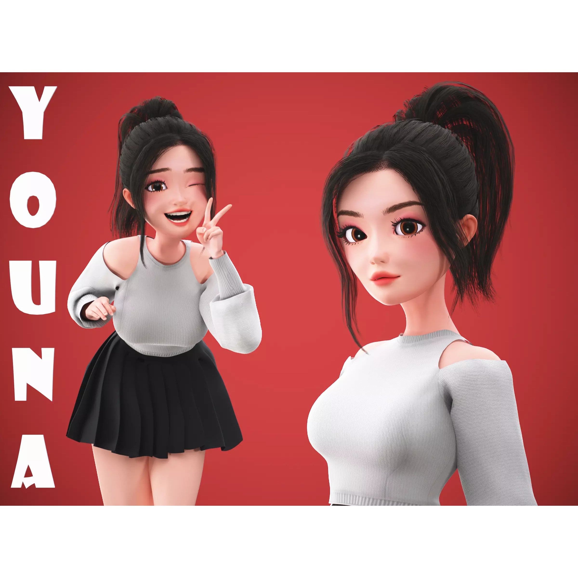 Cartoon Korean Girl Character - Low-Poly Game-Ready 3D Model - View 2
