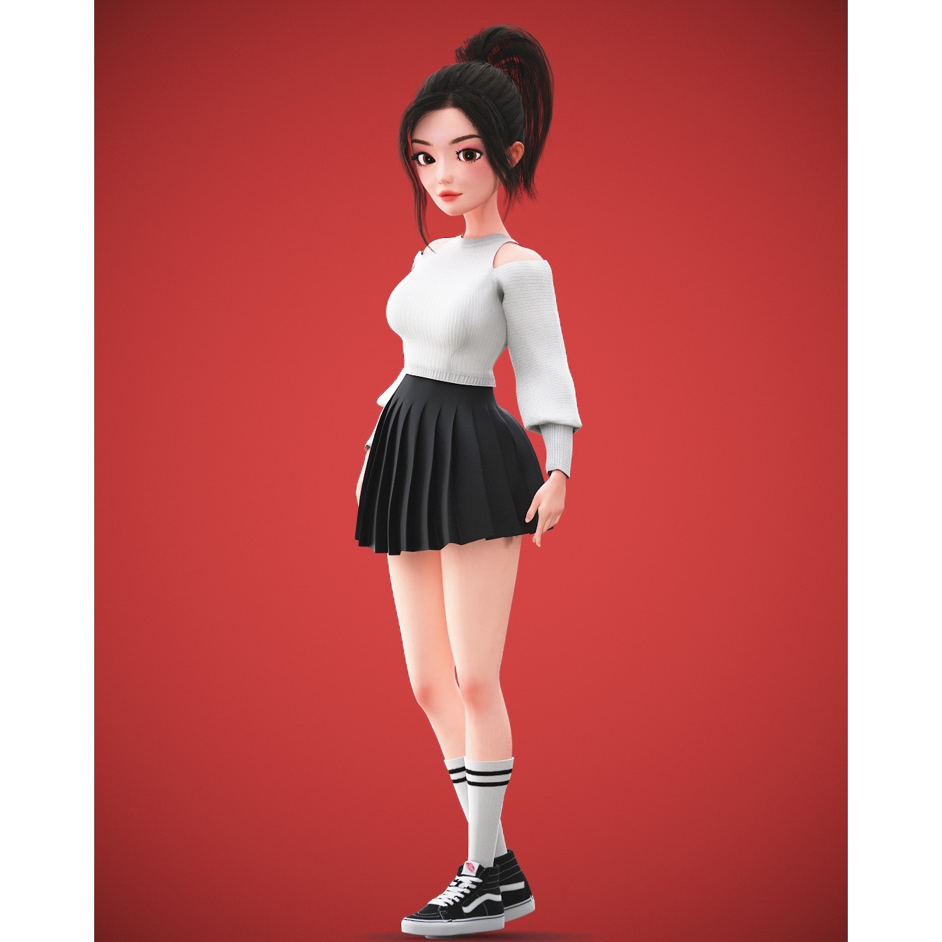 Cartoon Korean Girl Character - Low-Poly Game-Ready 3D Model - View 21