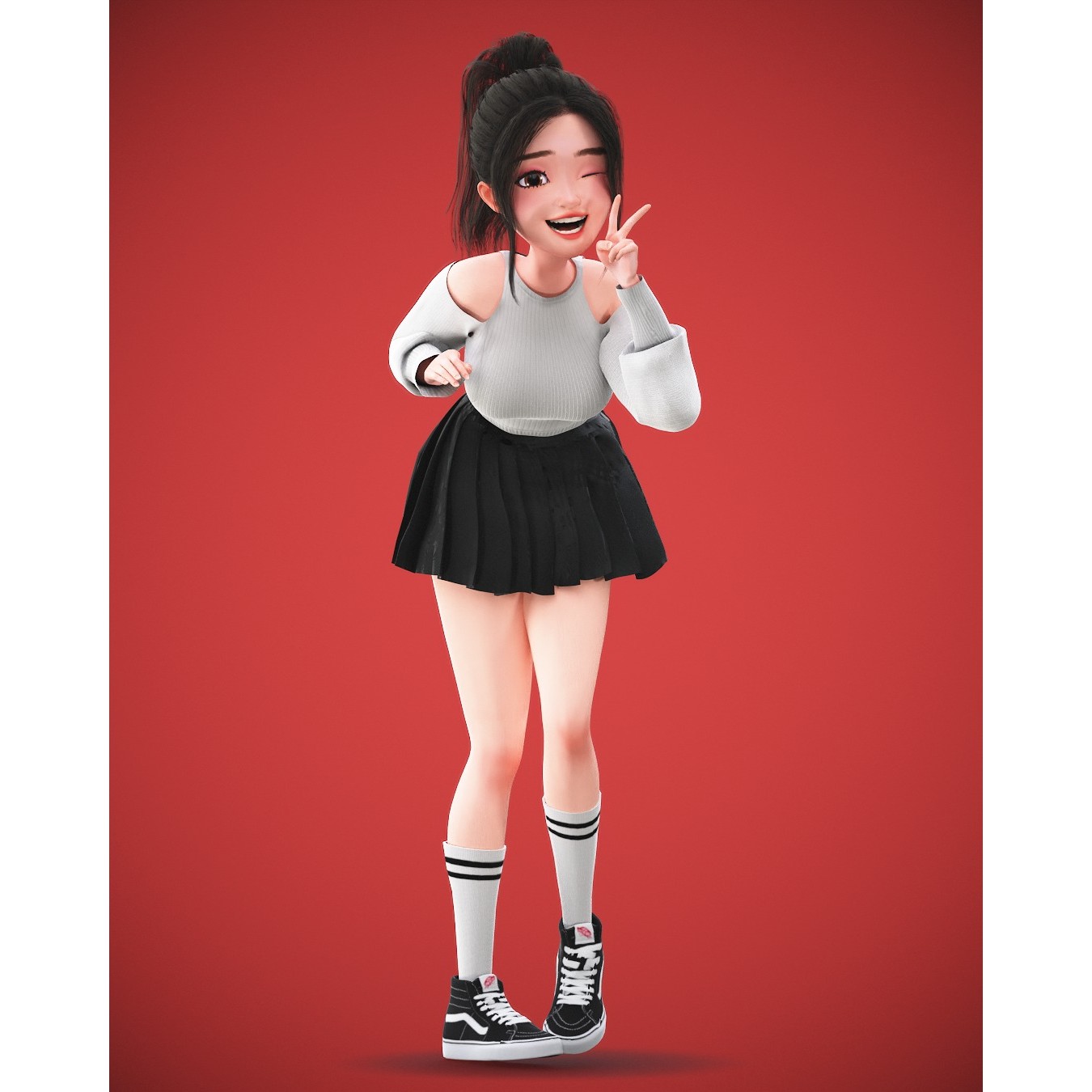 Cartoon Korean Girl Character - Low-Poly Game-Ready 3D Model - View 22
