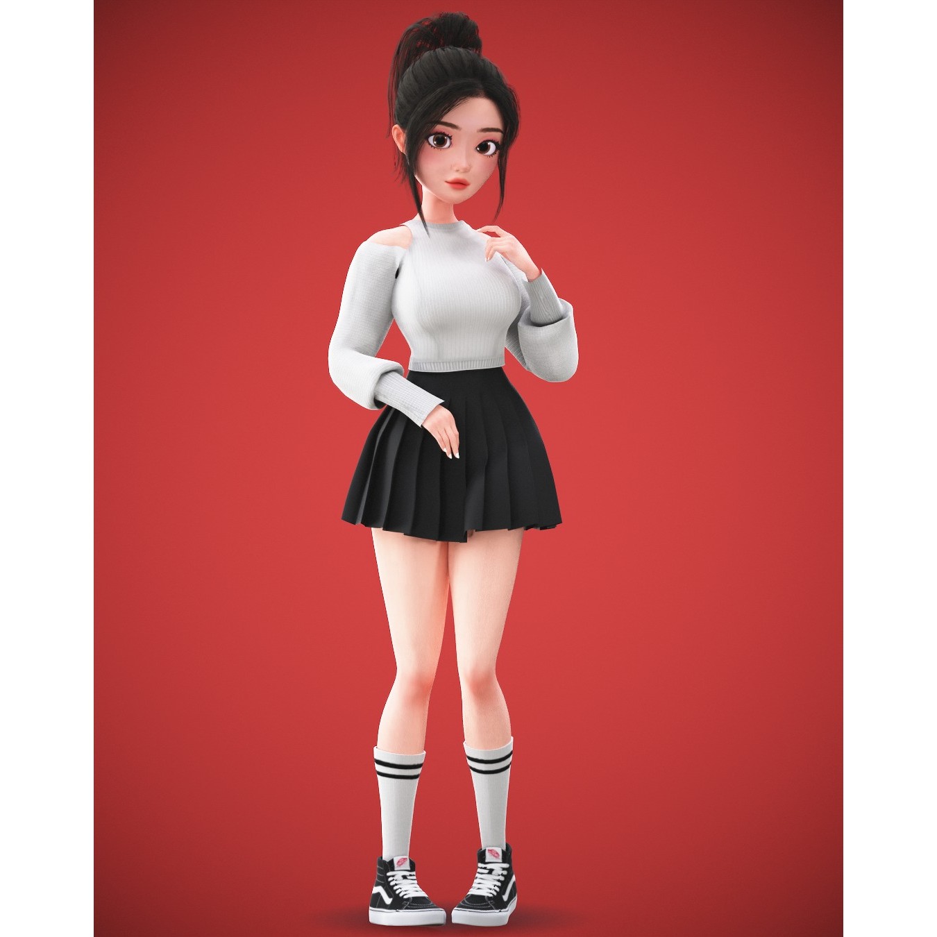 Cartoon Korean Girl Character - Low-Poly Game-Ready 3D Model - View 24