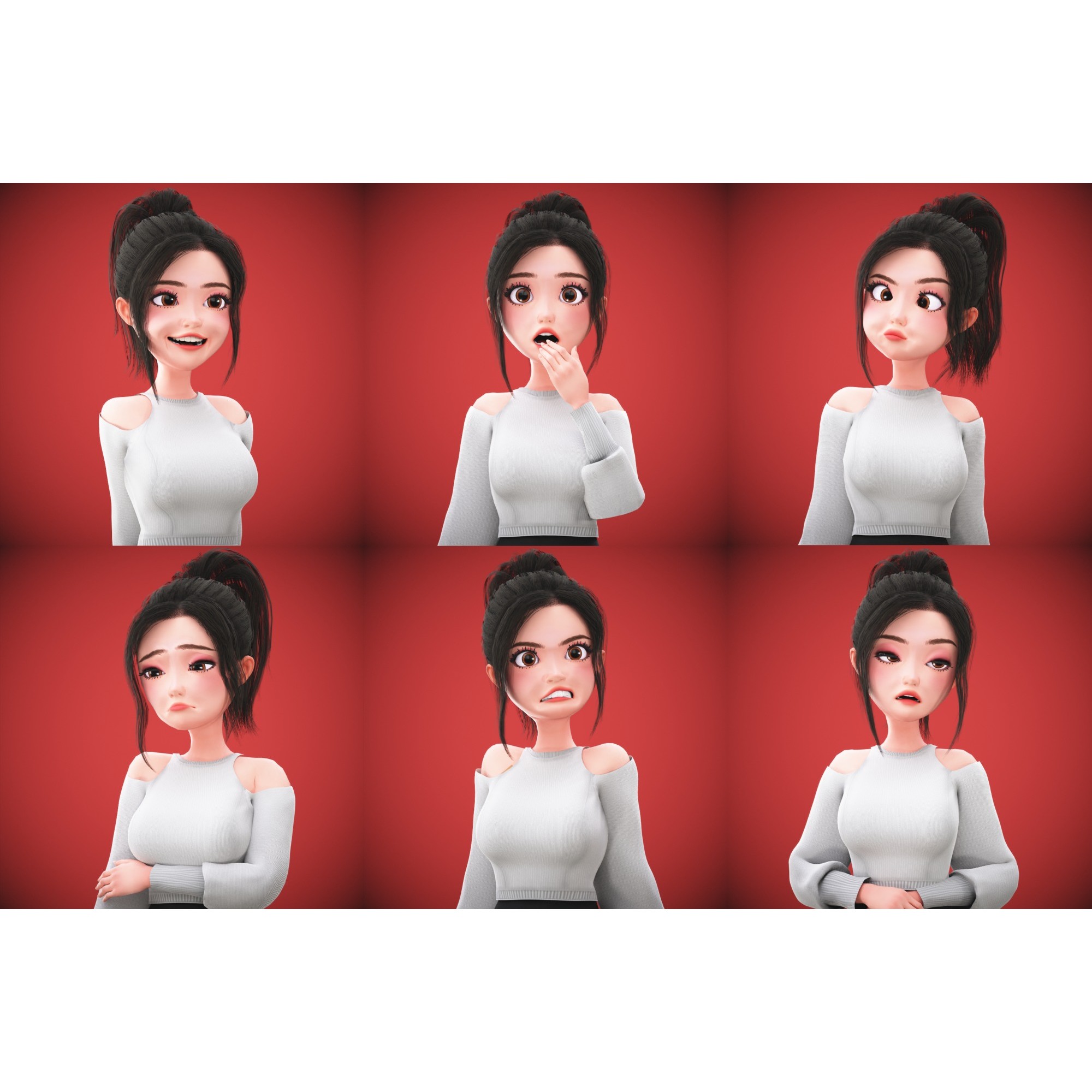 Cartoon Korean Girl Character - Low-Poly Game-Ready 3D Model - View 3