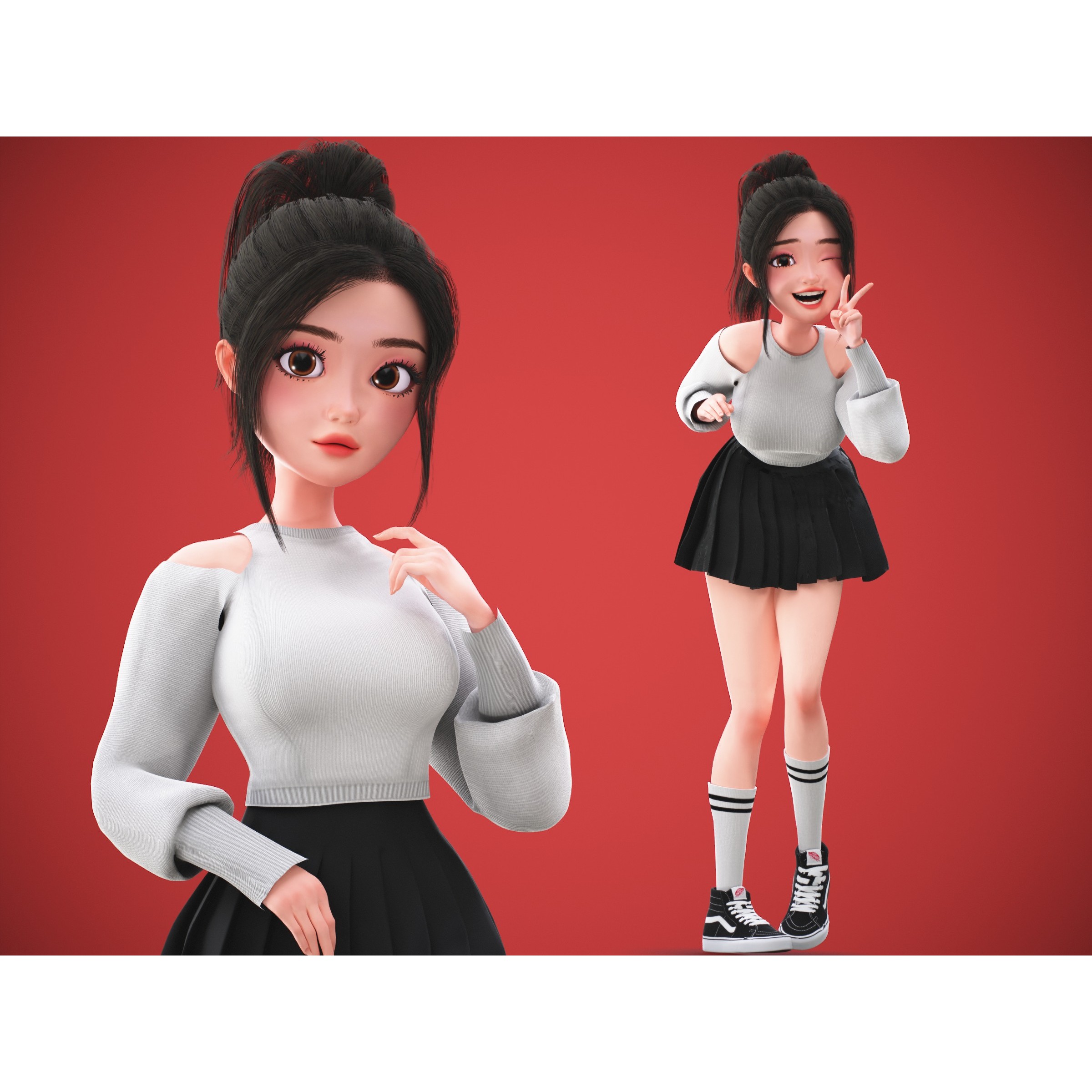 Cartoon Korean Girl Character - Low-Poly Game-Ready 3D Model - View 4