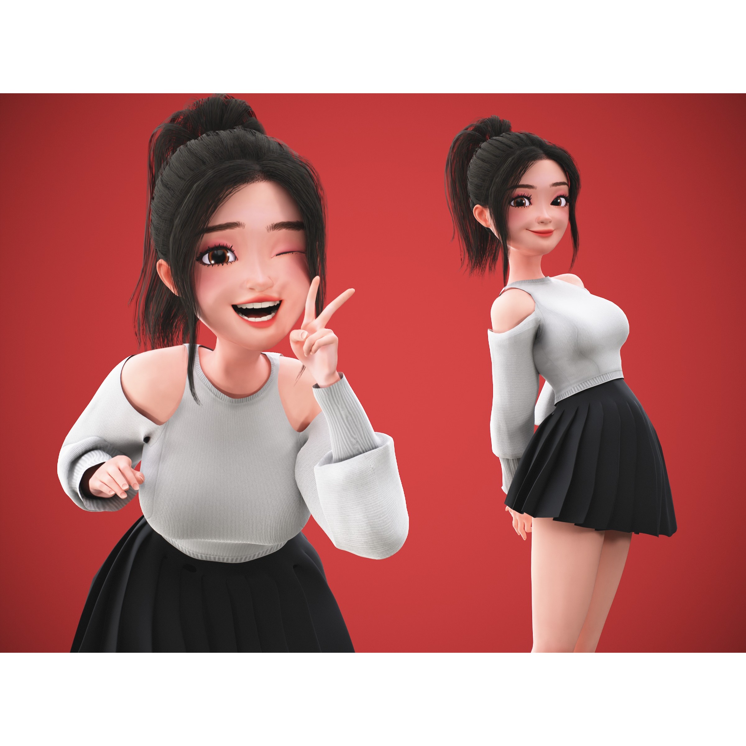 Cartoon Korean Girl Character - Low-Poly Game-Ready 3D Model - View 5