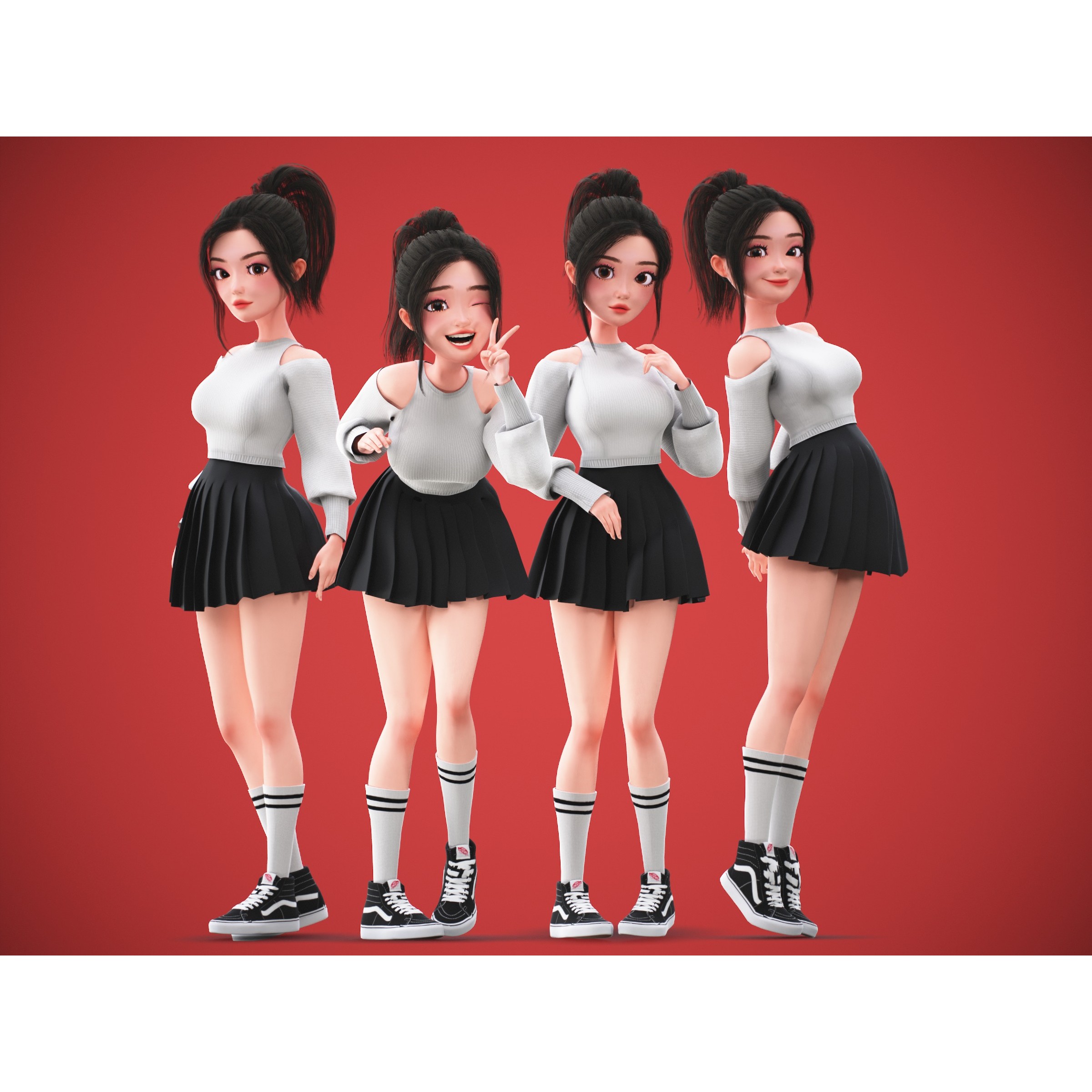 Cartoon Korean Girl Character - Low-Poly Game-Ready 3D Model - View 6