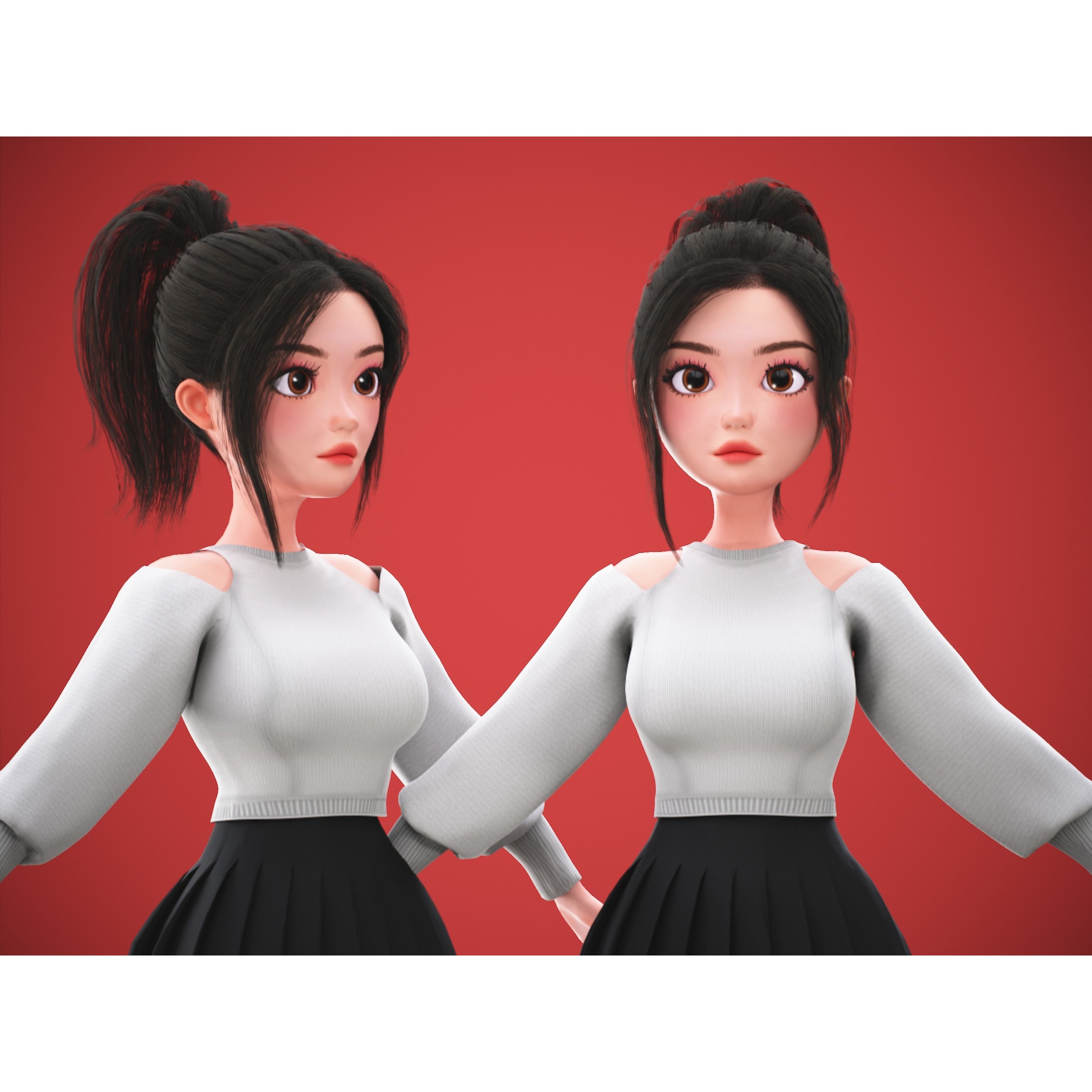 Cartoon Korean Girl Character - Low-Poly Game-Ready 3D Model - View 7