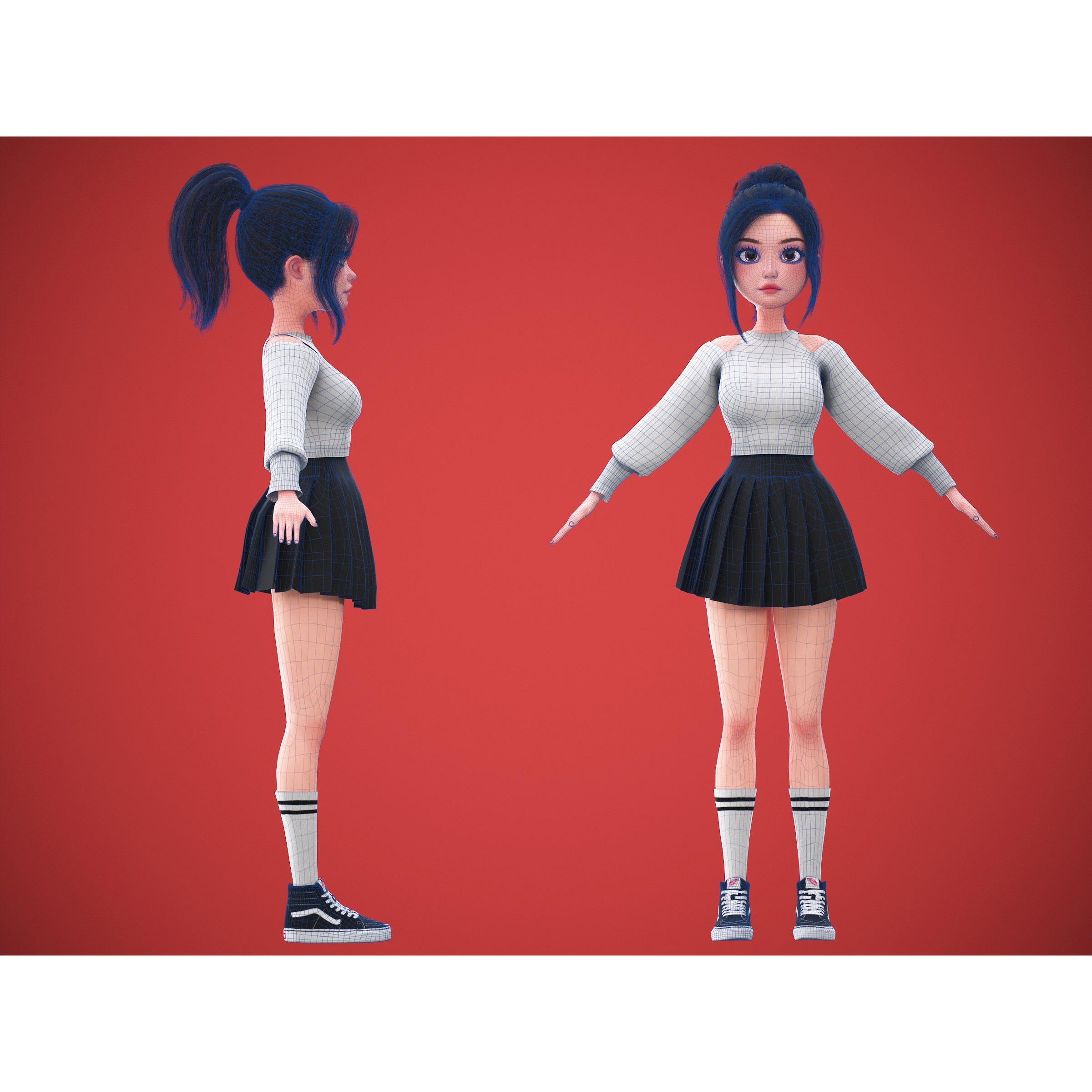 Cartoon Korean Girl Character - Low-Poly Game-Ready 3D Model - View 9