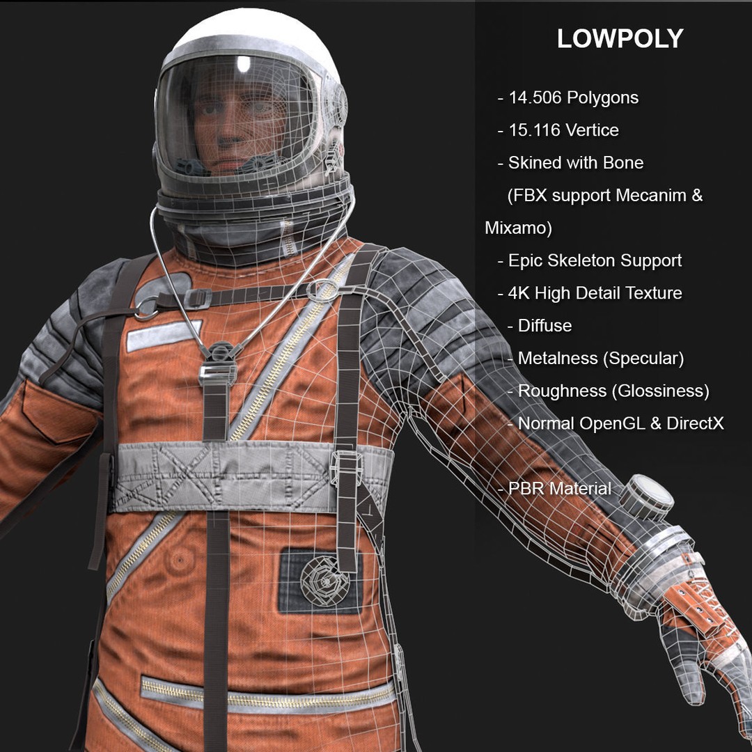 CS04 Space Suit 3D Model – Low Poly Rigged Character, FBX, PBR - View 3