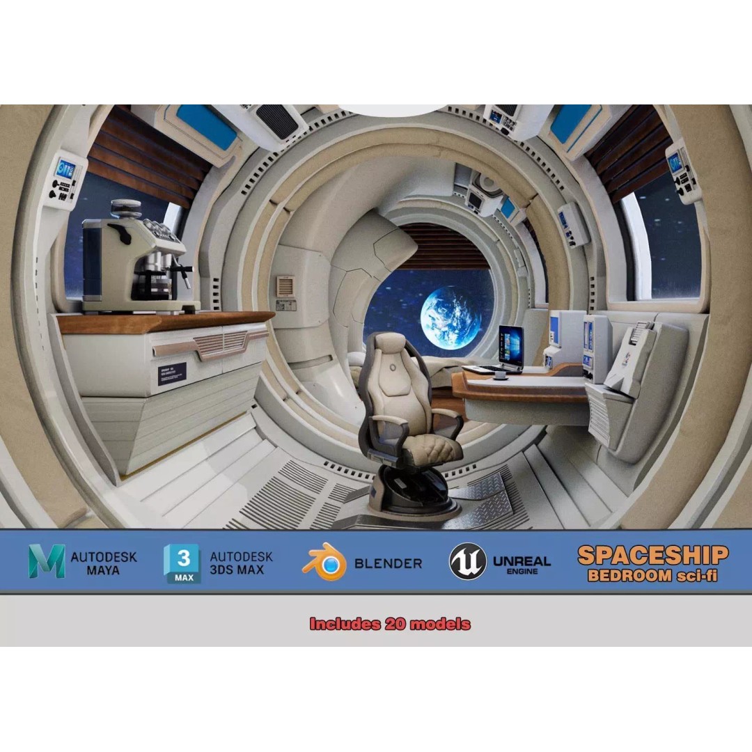 Spaceship Room 3D Model – Sci-Fi Interior with PBR Textures, FBX - View 2