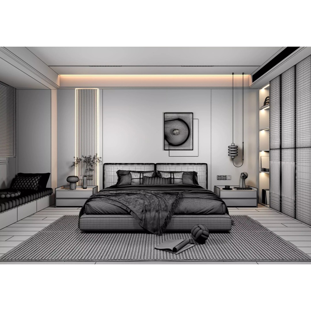 Bedroom Interior 3D Model – Modern Furnishing with PBR Textures, FBX, OBJ - View 15