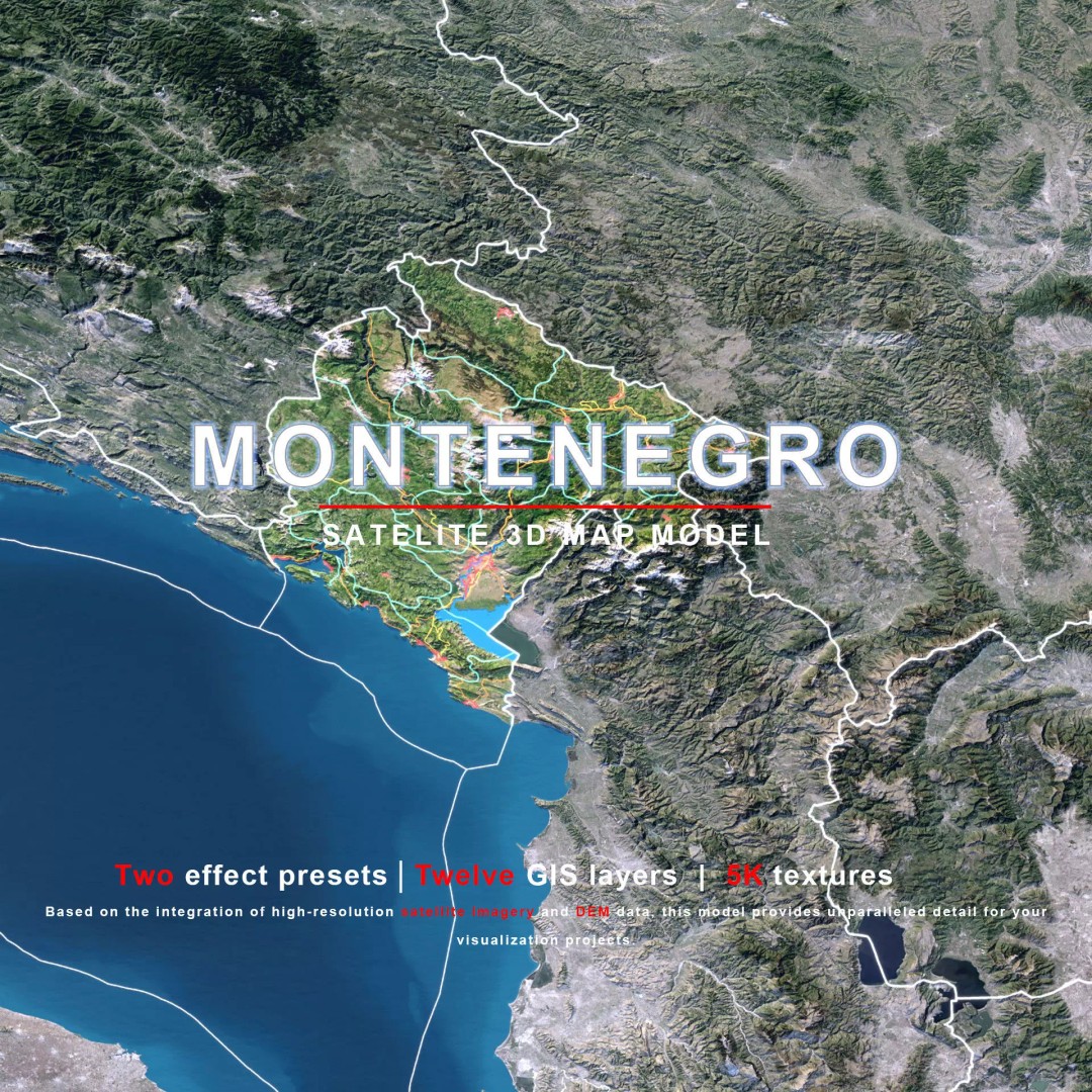 Montenegro Map 3D Model – Realistic Satellite Terrain, FBX/OBJ - View 2