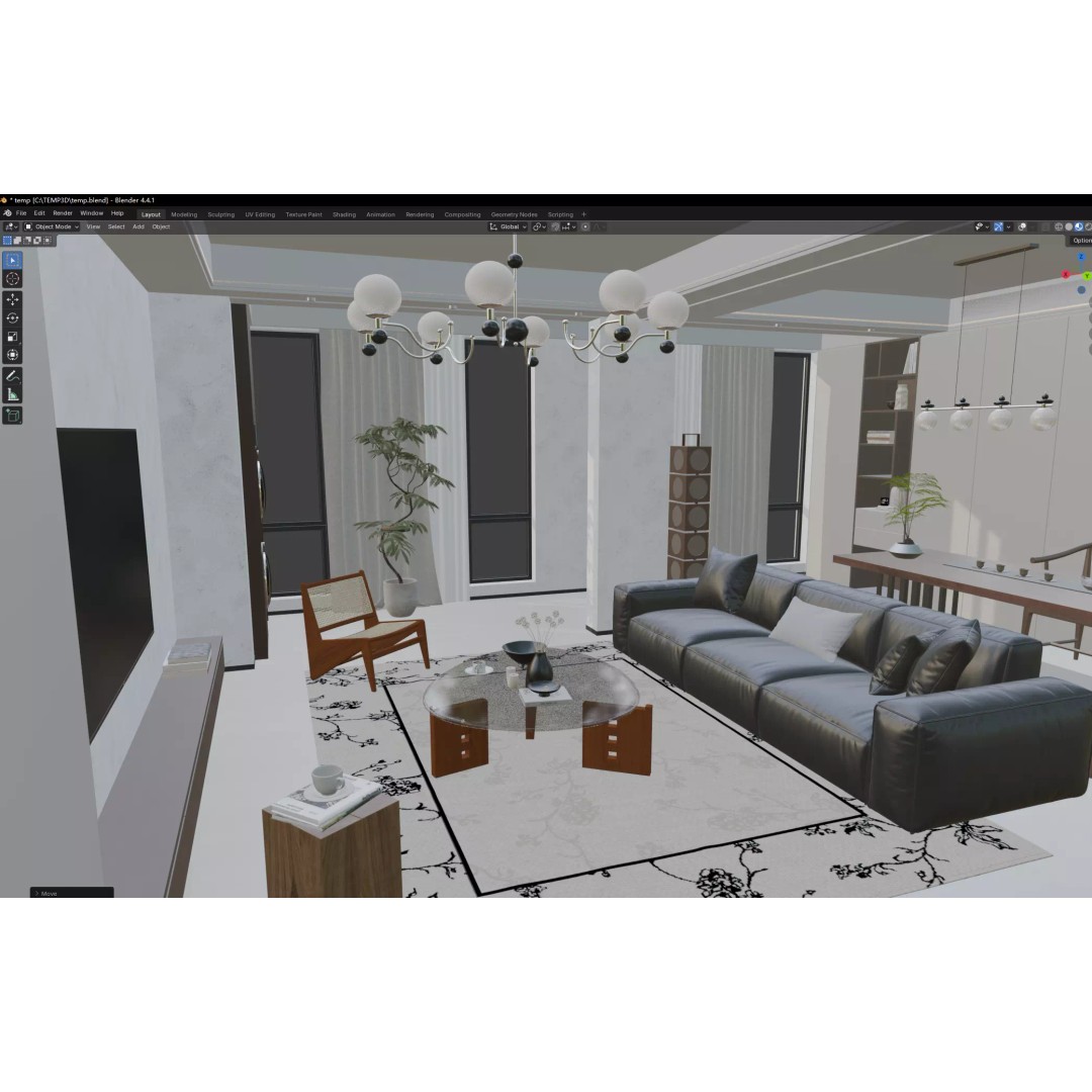 Modern Asian Living Space 3D Model – PBR Interior Design, FBX, OBJ