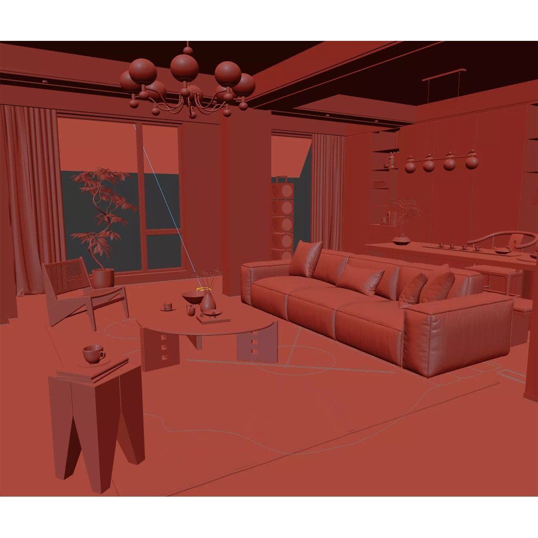 Modern Asian Living Space 3D Model – PBR Interior Design, FBX, OBJ - View 15