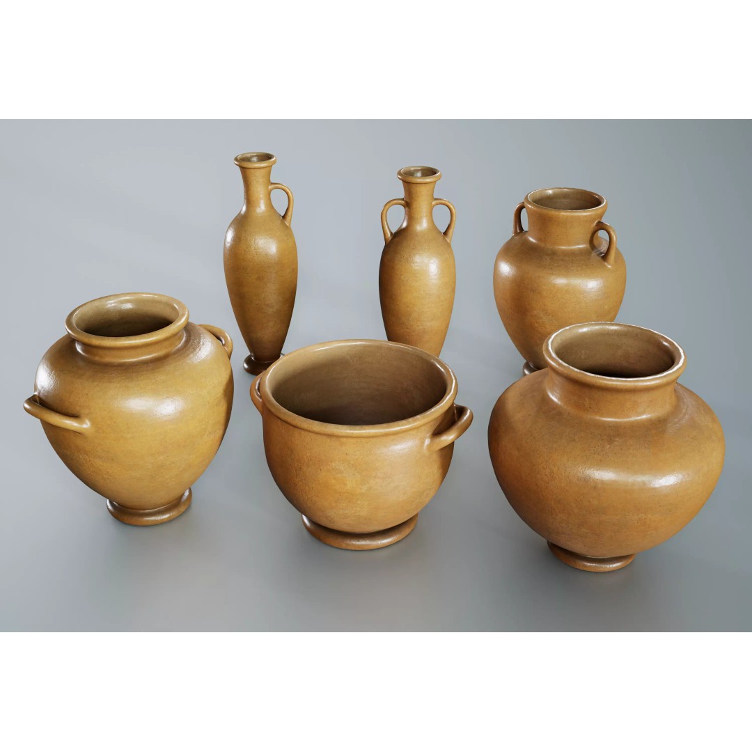 Clay Pots 3D Model – Low Poly Kitchenware Asset, FBX & OBJ Formats - View 2