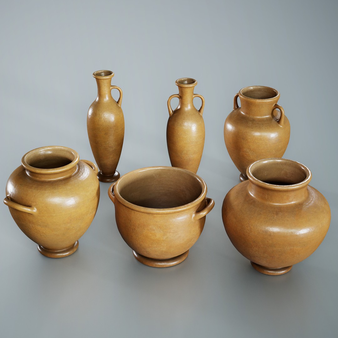 Clay Pots 3D Model – Low Poly Kitchenware Asset, FBX & OBJ Formats - View 3