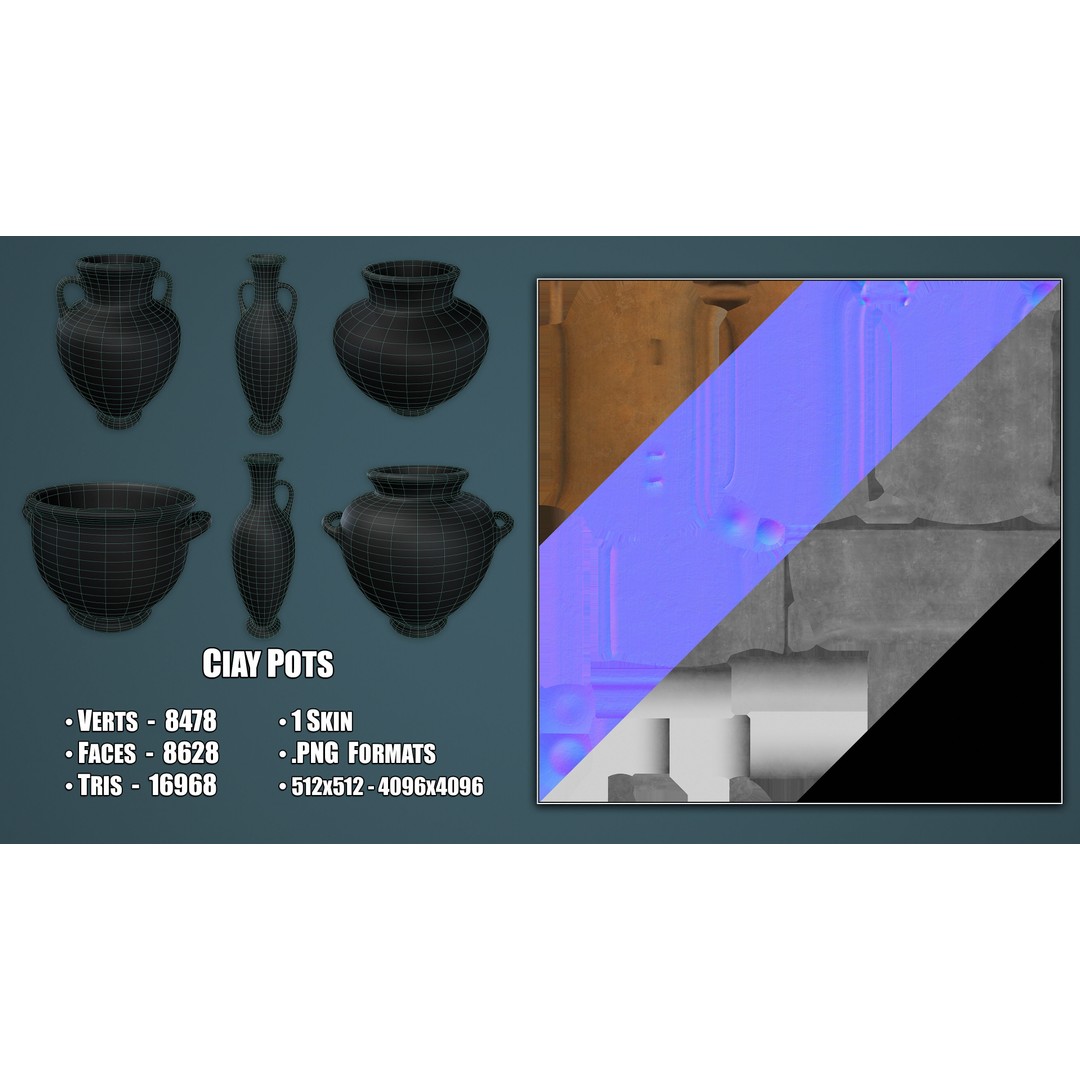 Clay Pots 3D Model – Low Poly Kitchenware Asset, FBX & OBJ Formats - View 4