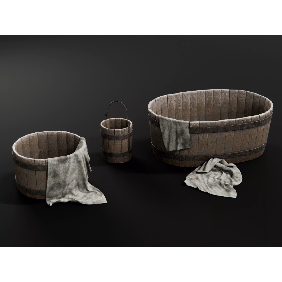 Buckets and Tubs 3D Model – Game-Ready PBR Asset, FBX, Blender - View 2