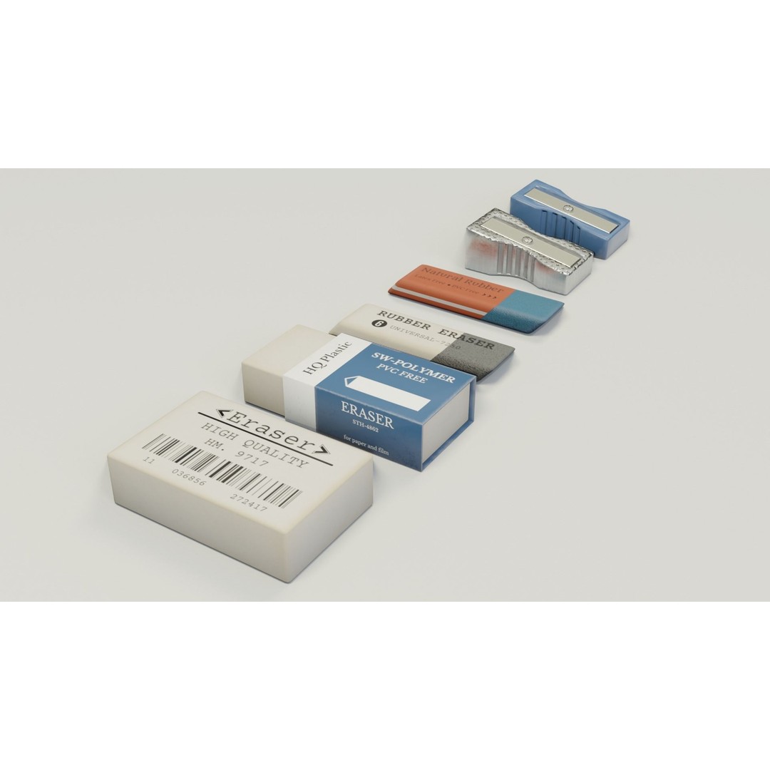 Eraser & Pencil Sharpener 3D Model – Low Poly Game Asset, FBX, Blender - View 3