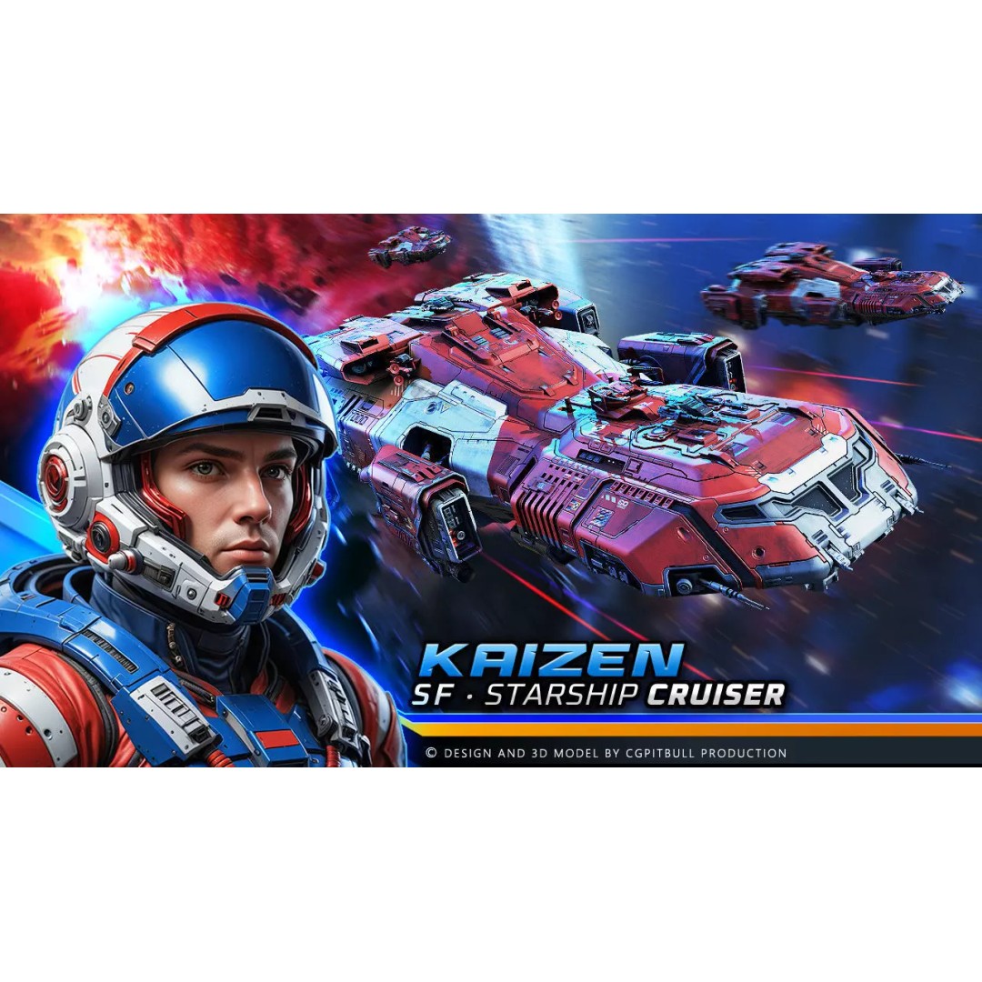 KAIZEN Starship Cruiser 3D Model – Low Poly PBR Spaceship, FBX - View 2