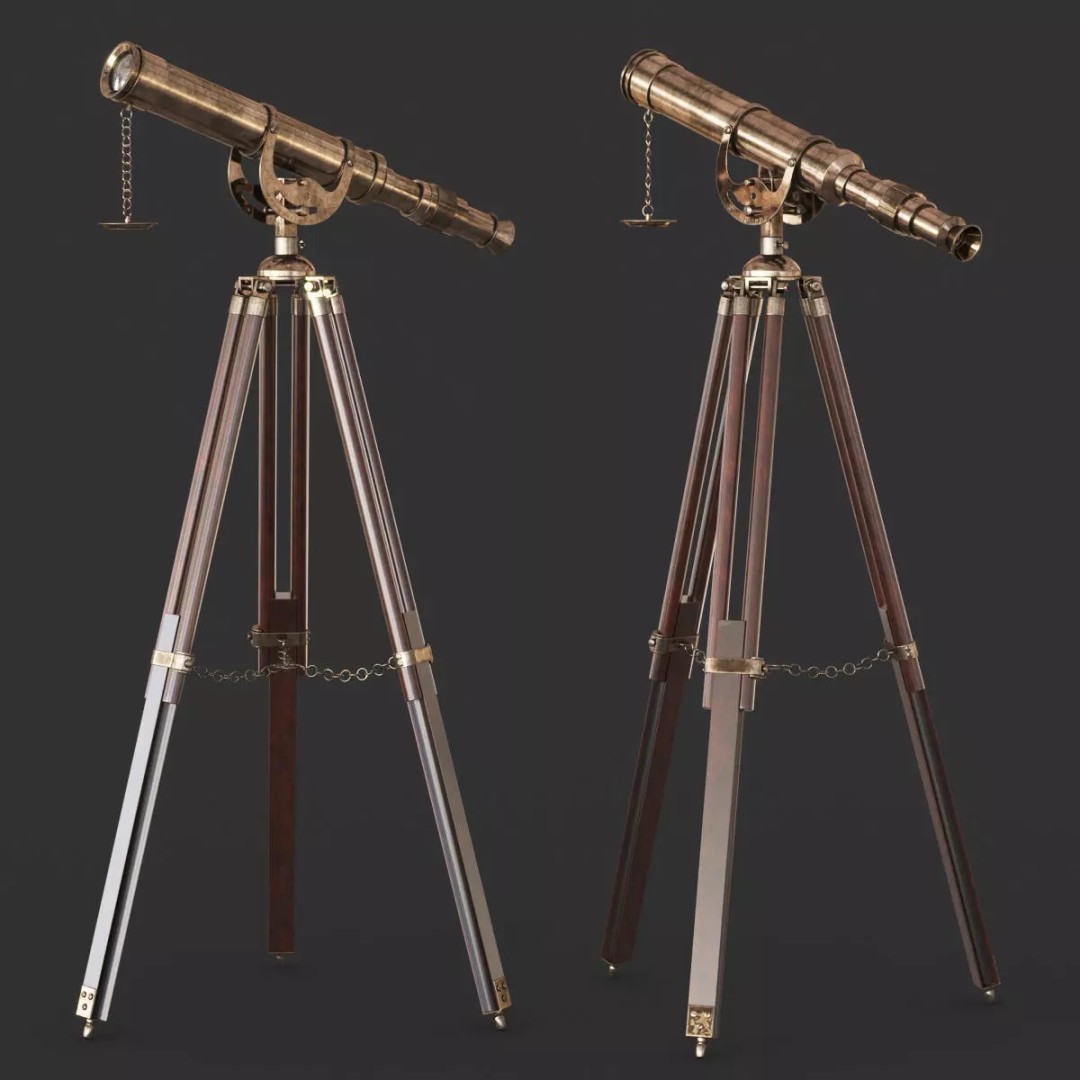 Vintage Antique Tripod Telescope 3D Model – PBR Textured, FBX, OBJ - View 2
