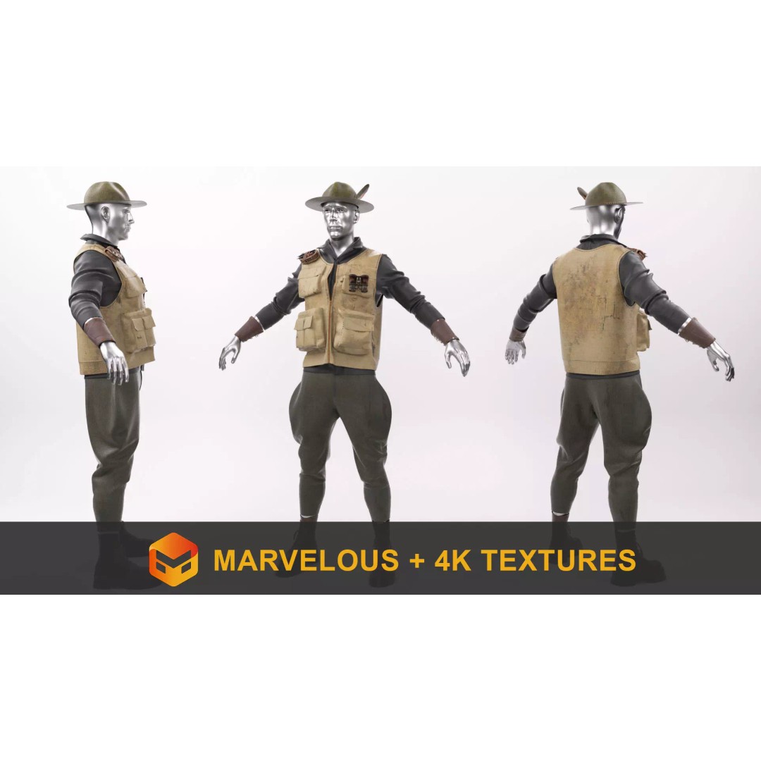 Explorer Outfit 3D Model – Safari Style Character Clothing, FBX - View 2