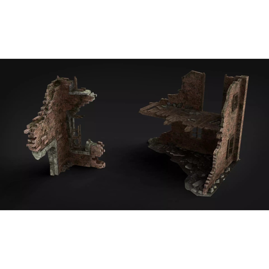 Ruined Brick Concrete Walls 3D Model – Low Poly PBR Assets, FBX