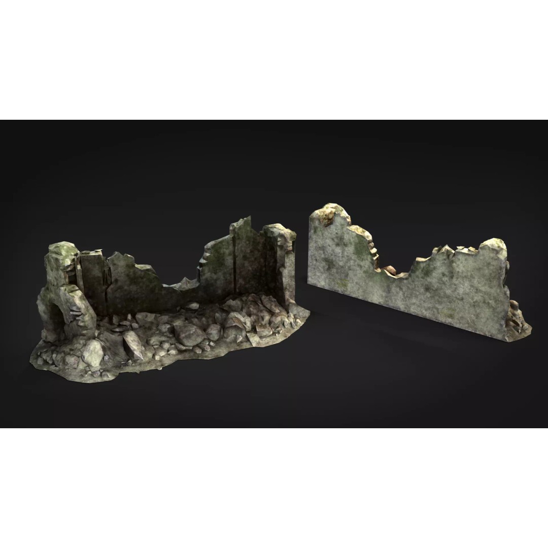 Ruined Brick Concrete Walls 3D Model – Low Poly PBR Assets, FBX - View 10