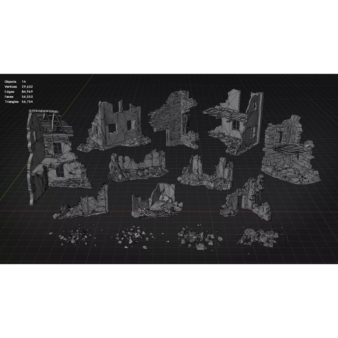 Ruined Brick Concrete Walls 3D Model – Low Poly PBR Assets, FBX - View 11
