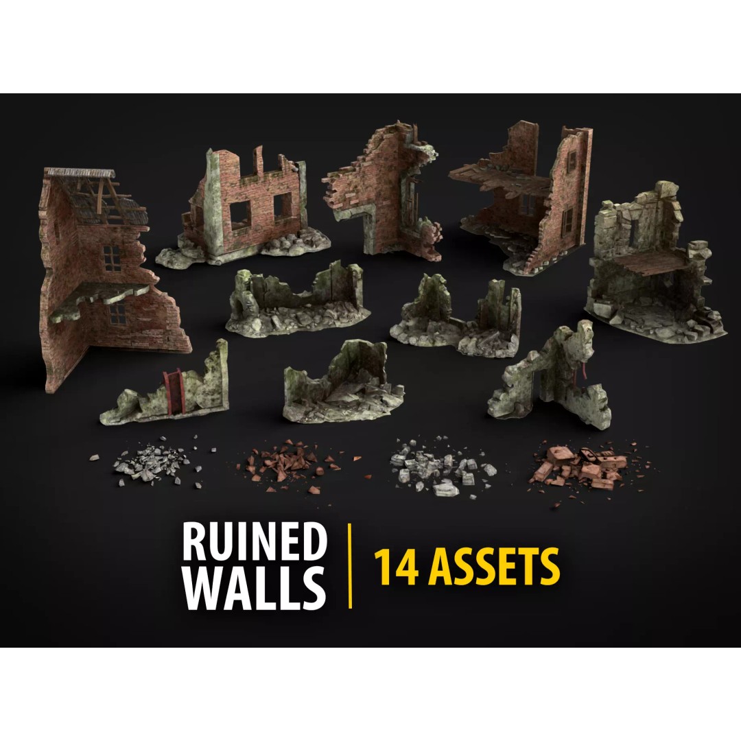 Ruined Brick Concrete Walls 3D Model – Low Poly PBR Assets, FBX - View 2