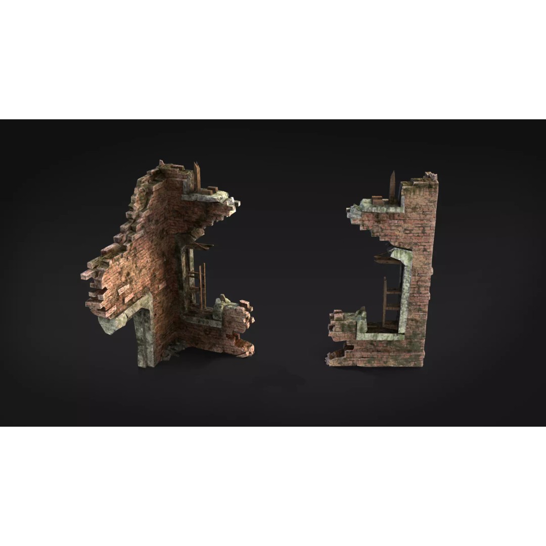 Ruined Brick Concrete Walls 3D Model – Low Poly PBR Assets, FBX - View 3
