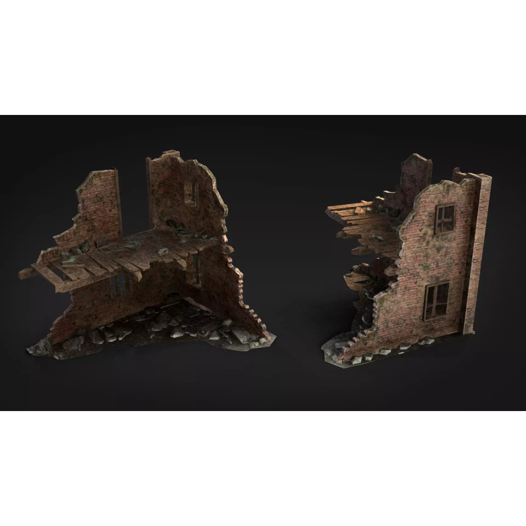 Ruined Brick Concrete Walls 3D Model – Low Poly PBR Assets, FBX - View 5