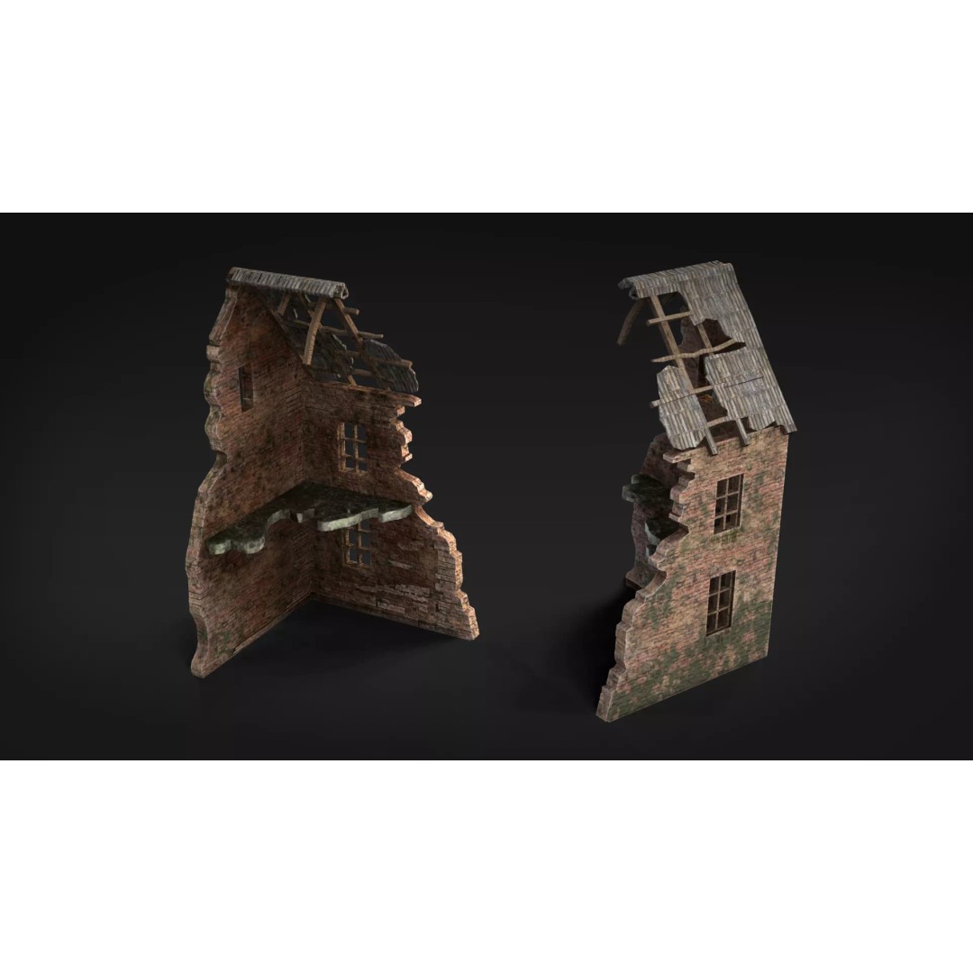 Ruined Brick Concrete Walls 3D Model – Low Poly PBR Assets, FBX - View 7