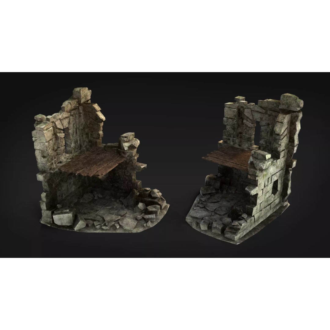 Ruined Brick Concrete Walls 3D Model – Low Poly PBR Assets, FBX - View 8