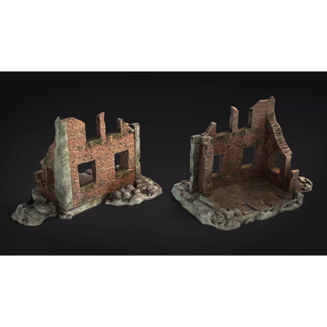 Ruined Brick Concrete Walls 3D Model – Low Poly PBR Assets, FBX - View 9