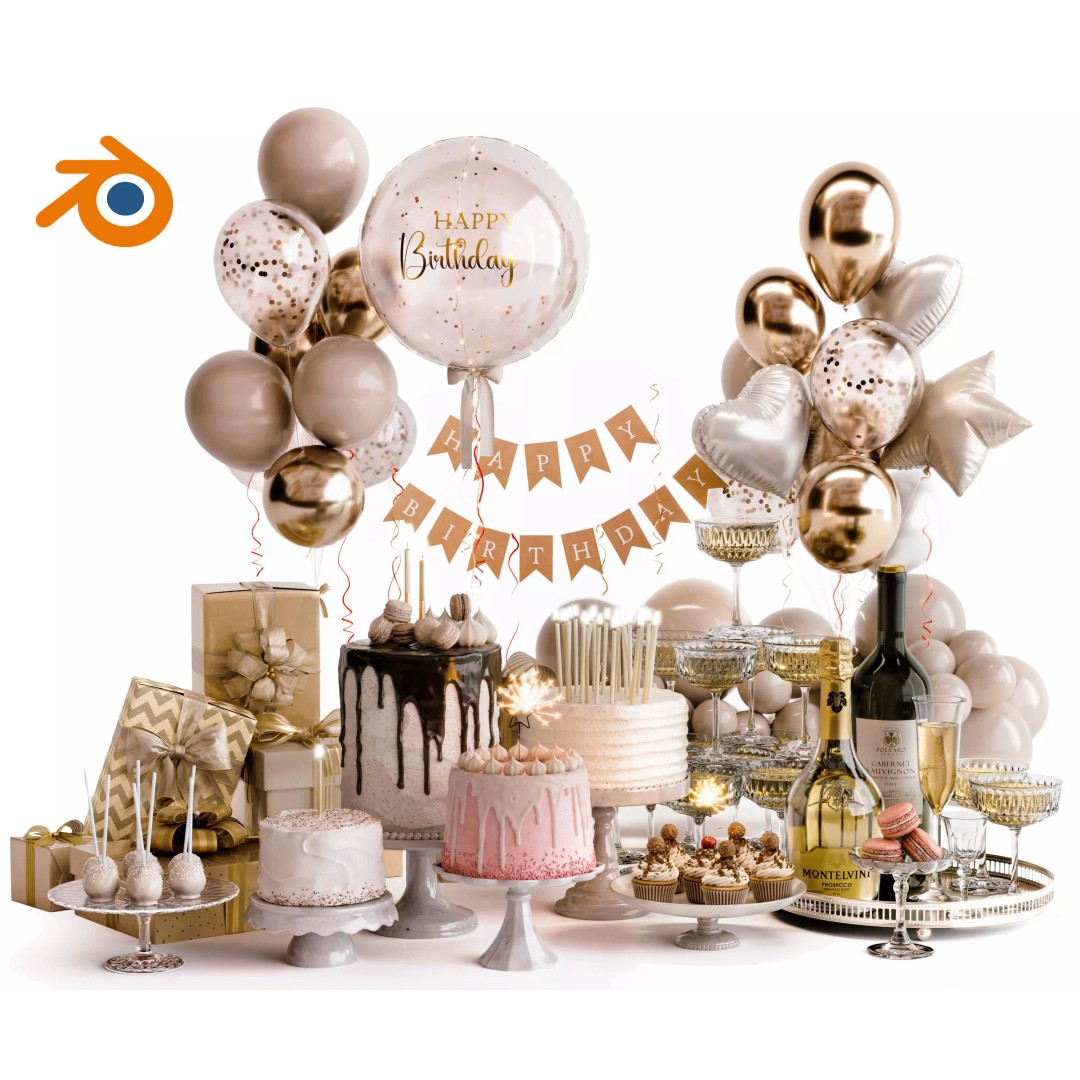 Birthday Holiday Decoration 3D Model – Festive Cakes, Balloons & Gifts - View 2