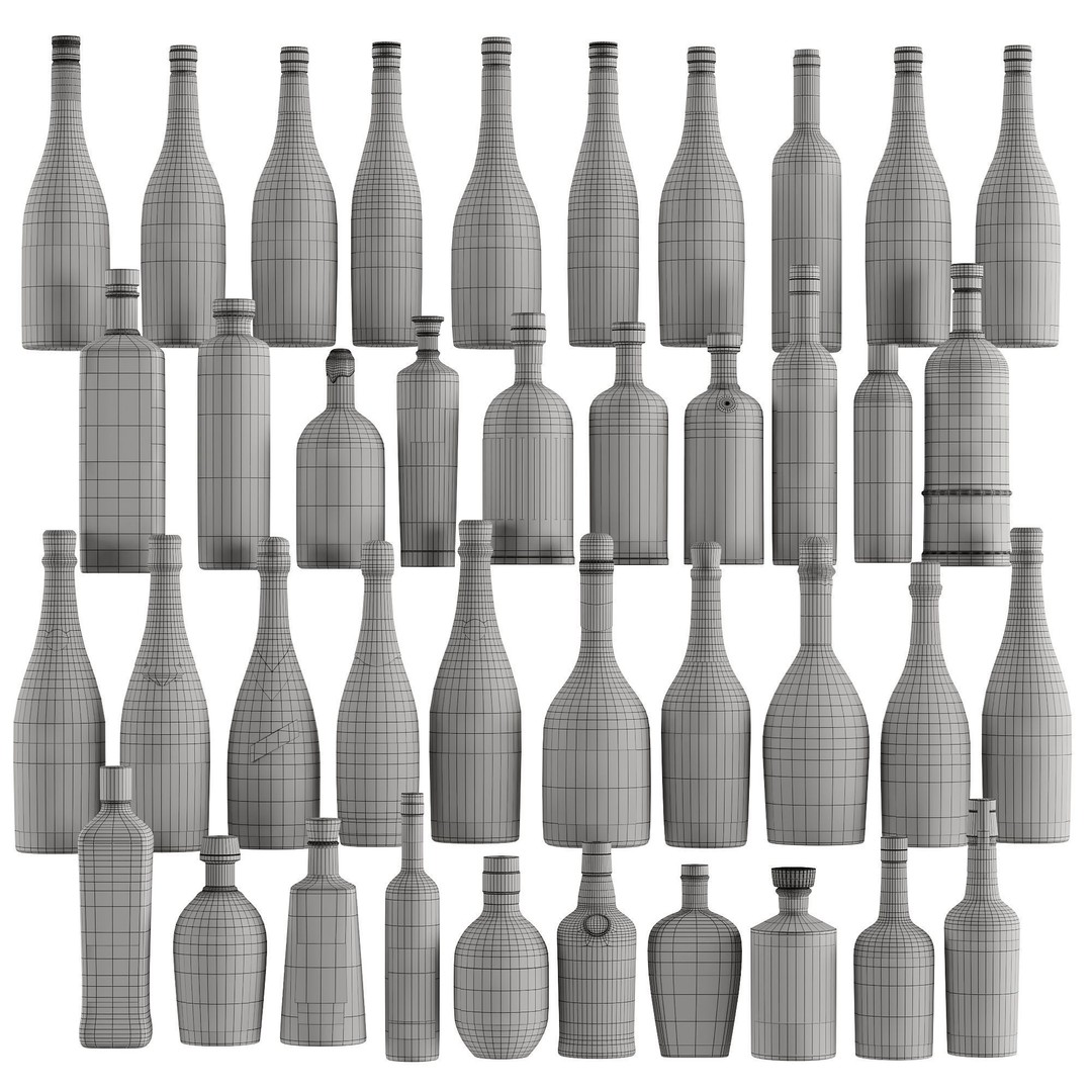 Alcohol Bottles 3D Model – Low Poly Collection of 40 Varieties, FBX